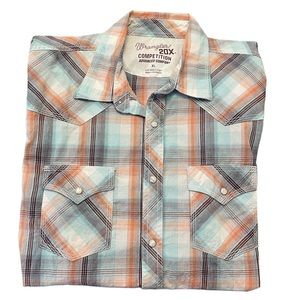 Wrangler Pearl Snap Orange & Blue Plaid Short Sleeve Western Button Up Rare